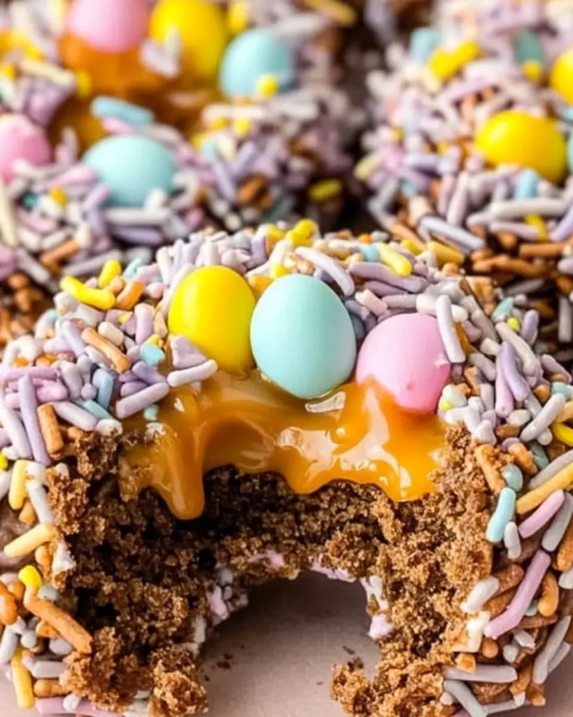 A close-up of a festive chocolate bird’s nest cookies with colorful candy eggs and caramel filling.