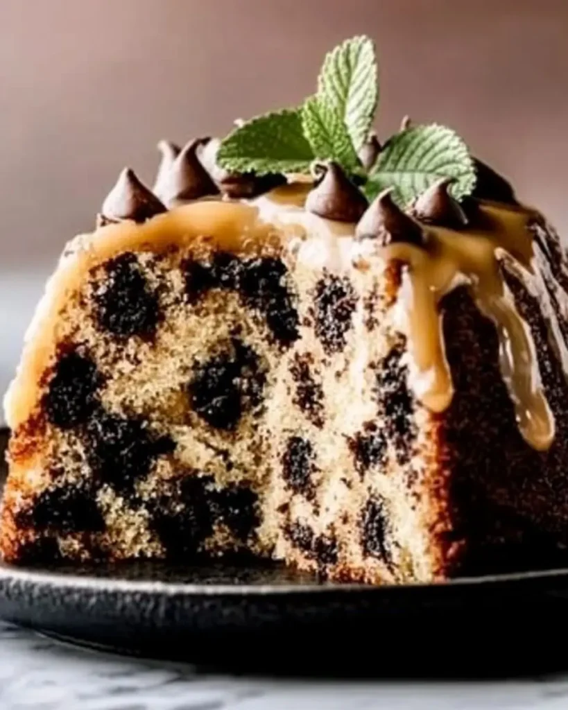 A moist slice of Chocolate Chip Banana Cake Bliss topped with caramel glaze, chocolate chips, and mint leaves, displayed on a black plate.