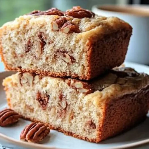 Two thick slices of Cinnamon Sweet Alabama Pecan Bread stacked on a plate, showing nutty texture and golden brown crust