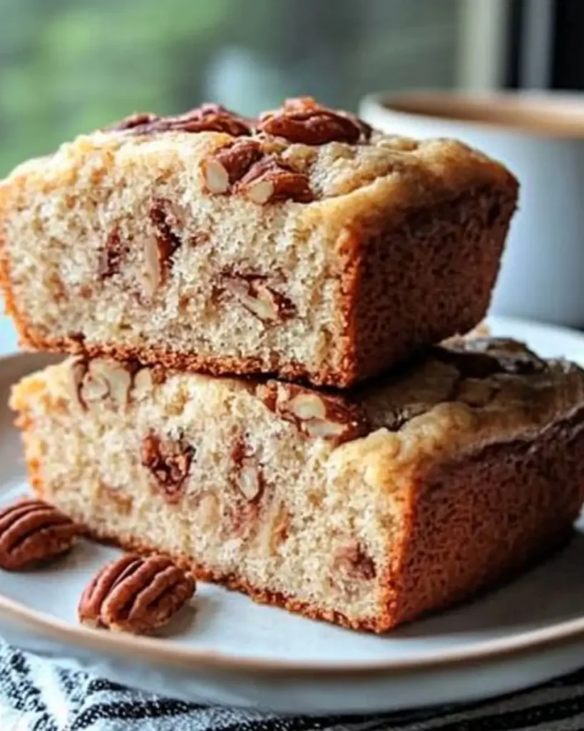 Two thick slices of Cinnamon Sweet Alabama Pecan Bread stacked on a plate, showing nutty texture and golden brown crust