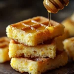 Close-up of golden cornbread waffle bites stacked on a wooden surface with honey being drizzled over the top