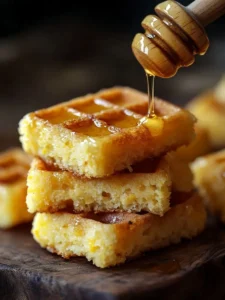 Close-up of golden cornbread waffle bites stacked on a wooden surface with honey being drizzled over the top