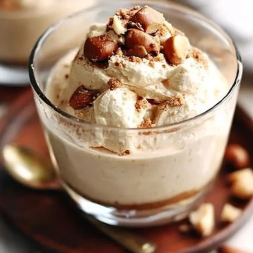 Cottage cheese peanut butter mousse topped with chopped nuts in a glass cup
