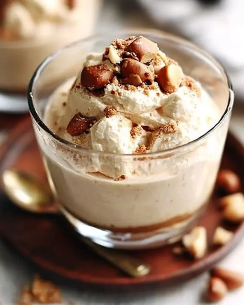 Cottage cheese peanut butter mousse topped with chopped nuts in a glass cup