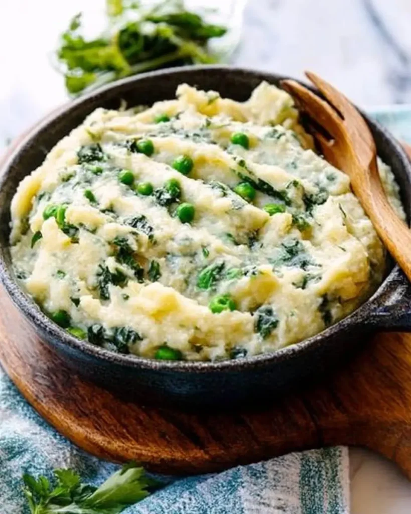A rustic black bowl filled with Creamy Dreamy Colcannon Mash-Up mashed potatoes blended with greens and green peas, served on a wooden board with a wooden fork.