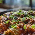 A close-up of steaming Creole cabbage rolls topped with green onions and a rich tomato-meat sauce.