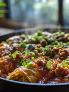 A close-up of steaming Creole cabbage rolls topped with green onions and a rich tomato-meat sauce.