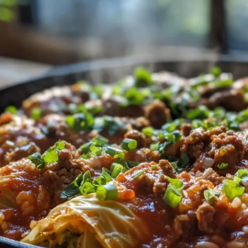A close-up of steaming Creole cabbage rolls topped with green onions and a rich tomato-meat sauce.