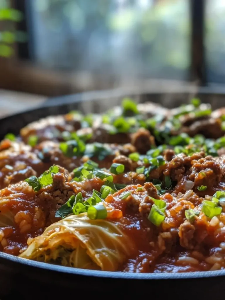 A close-up of steaming Creole cabbage rolls topped with green onions and a rich tomato-meat sauce.