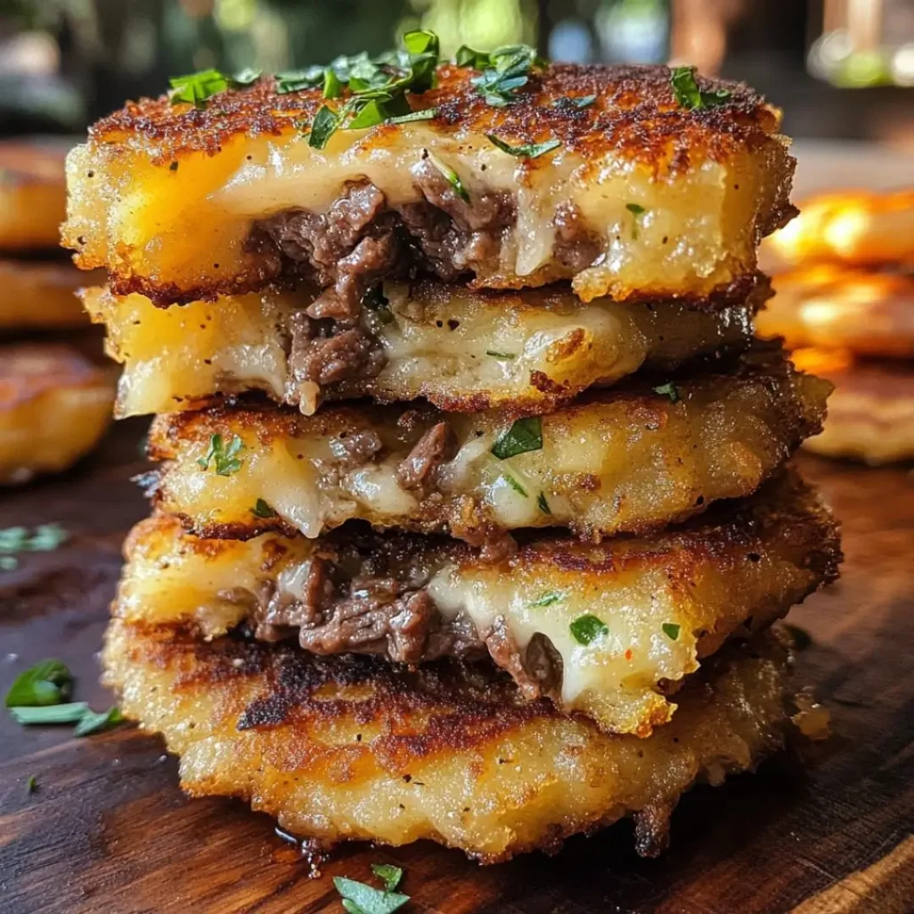 A stack of Crispy Potato Pancakes with Savoury Beef and Cheese filled with melted cheese and seasoned shredded beef, garnished with chopped herbs.