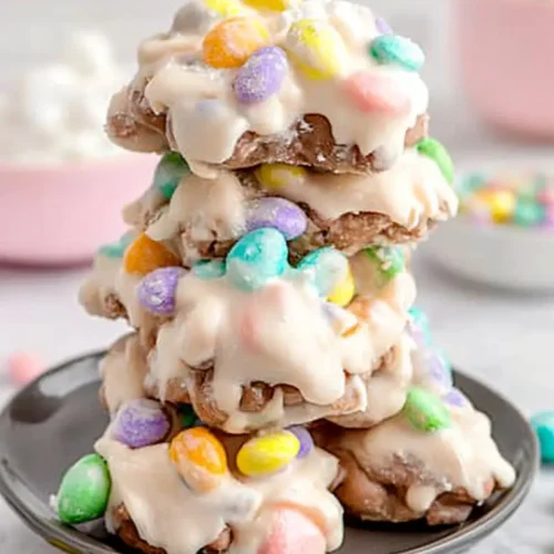 A stack of Crockpot Easter Candy Clusters topped with colorful candy-coated chocolates and white chocolate coating