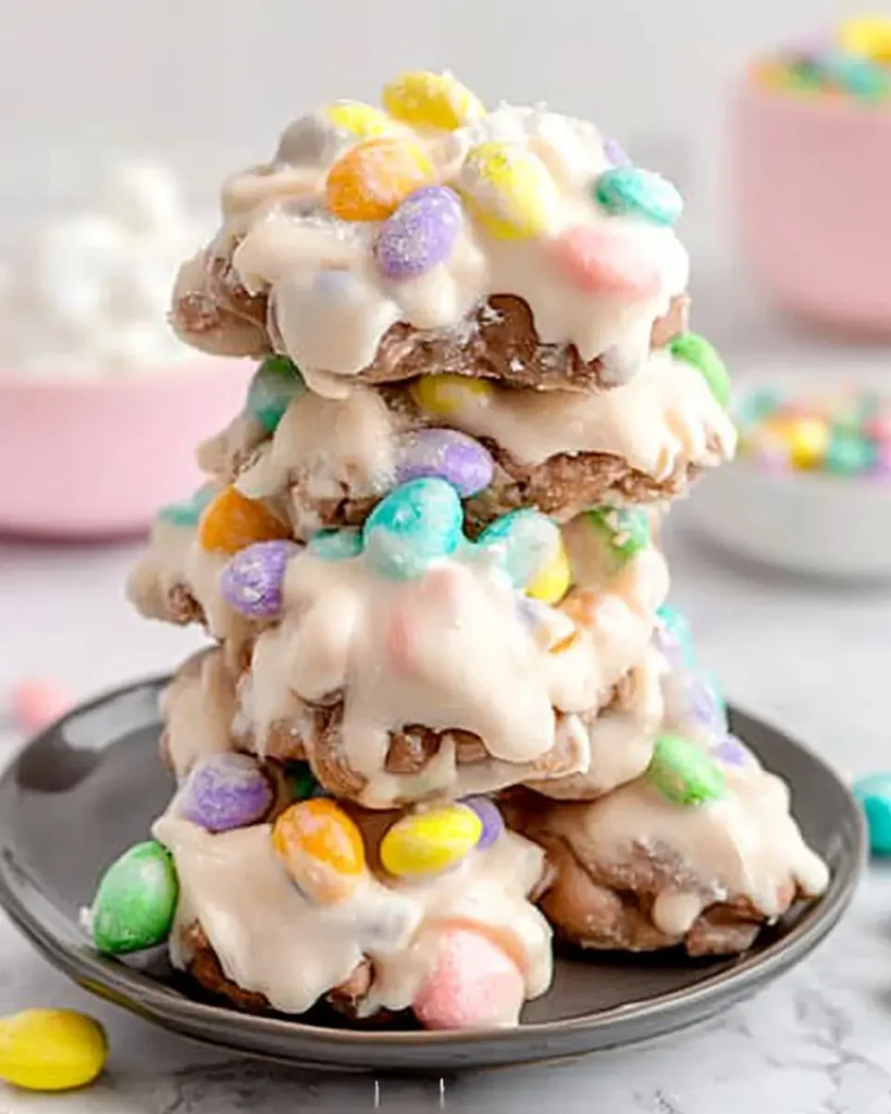 A stack of Crockpot Easter Candy Clusters topped with colorful candy-coated chocolates and white chocolate coating