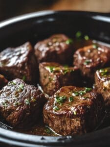 Tender crockpot steak bites simmered in a savory garlic herb sauce inside a slow cooker.