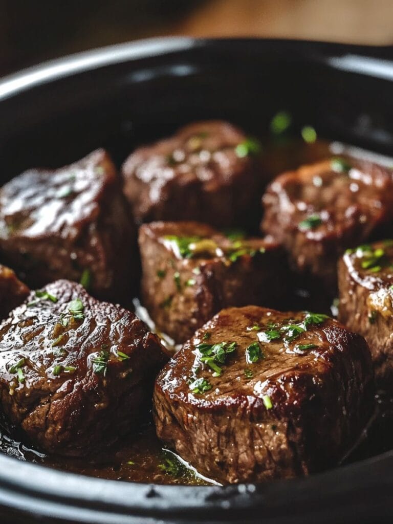 Tender crockpot steak bites simmered in a savory garlic herb sauce inside a slow cooker.