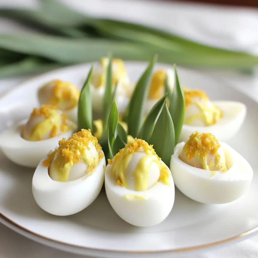 Deviled Egg Tulips styled to resemble tulip flowers, arranged with green leaves for decoration.