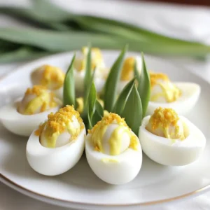 Deviled Egg Tulips styled to resemble tulip flowers, arranged with green leaves for decoration.