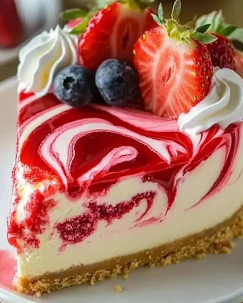 A slice of Dreamy Strawberry Swirl Cheesecake with vibrant red swirls, fresh strawberries, blueberries, and whipped cream on top