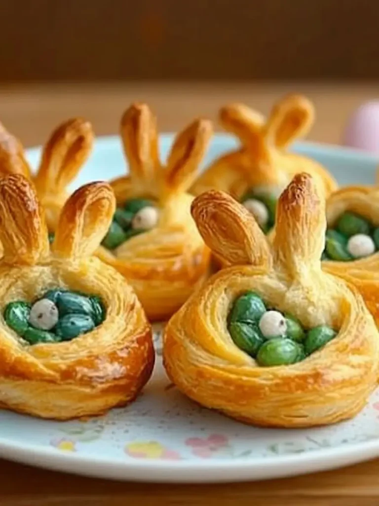 Savory Easter bunny crescent bites filled with spinach and cheese, shaped like bunny heads with puff pastry ears.