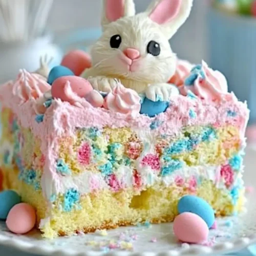 A vibrant Easter Day Bunny Poke Cake topped with a cute bunny figurine made of icing, surrounded by pastel pink and blue candy eggs and swirls of pink frosting.