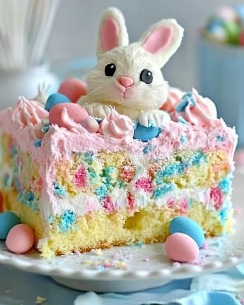 A vibrant Easter Day Bunny Poke Cake topped with a cute bunny figurine made of icing, surrounded by pastel pink and blue candy eggs and swirls of pink frosting.