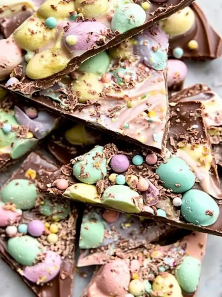 Colorful Easter egg chocolate bark with pastel candies and chocolate shavings on a marble background.