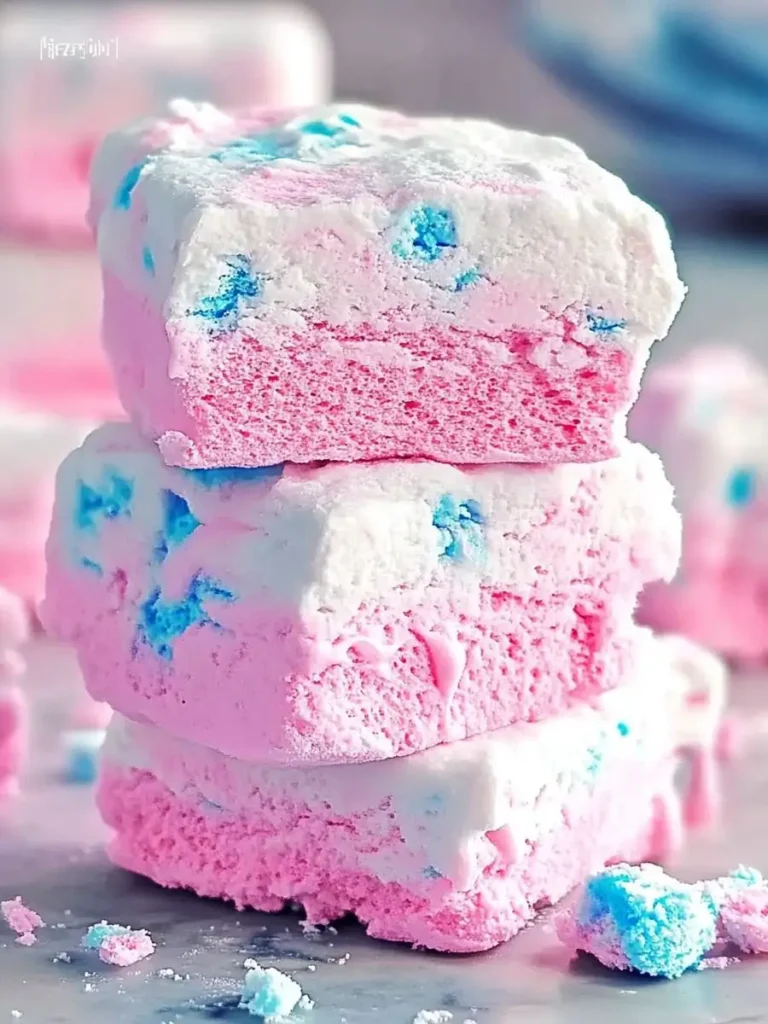 Easy Cotton Candy Marshmallows with blue swirls, stacked in a pastel-themed setting.