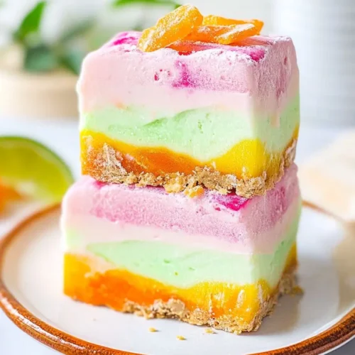 Colorful Easy No-Bake Rainbow Sherbet Bars stacked on a plate, with layers of pink, green, yellow, and orange over a crumbly graham crust.