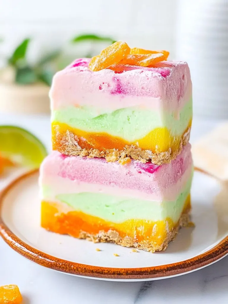Colorful Easy No-Bake Rainbow Sherbet Bars stacked on a plate, with layers of pink, green, yellow, and orange over a crumbly graham crust.