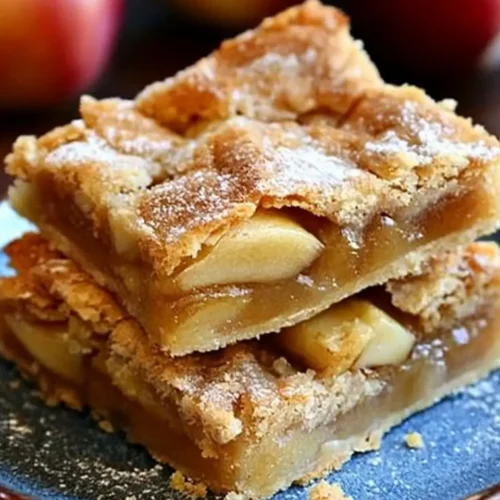 Close-up of two golden brown Flaky Apple Pie Bars with a flaky crust and cinnamon-dusted apple filling