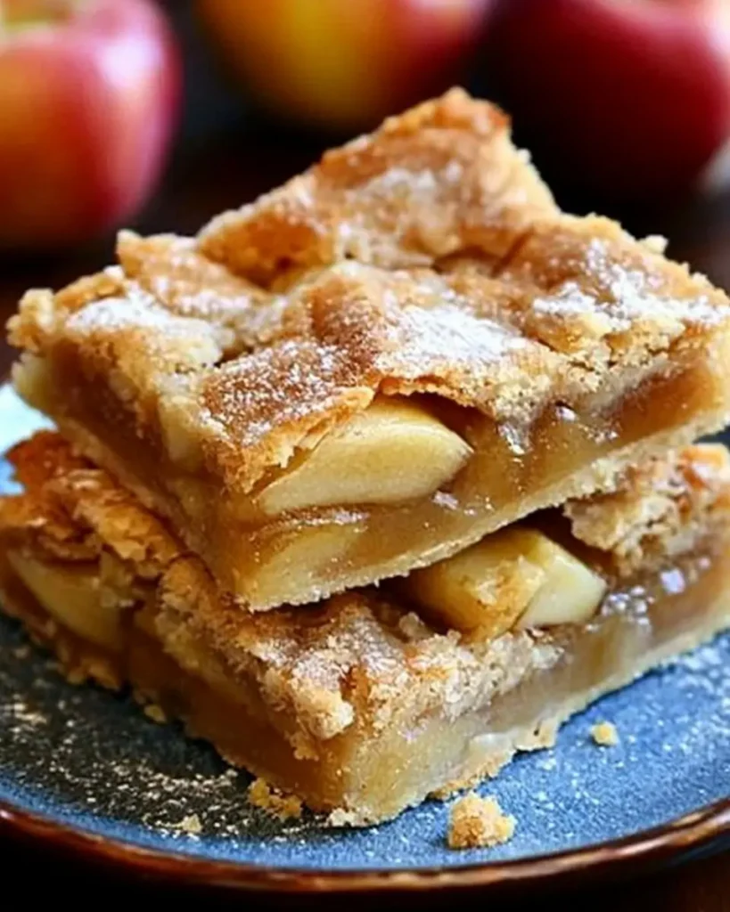 Close-up of two golden brown Flaky Apple Pie Bars with a flaky crust and cinnamon-dusted apple filling
