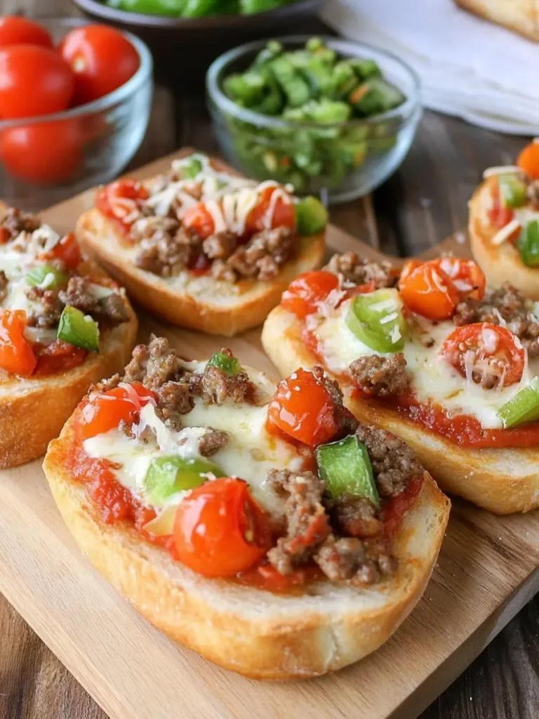 Mini garlic toast pizzas topped with ground beef, green bell peppers, cherry tomatoes, and melted cheese.