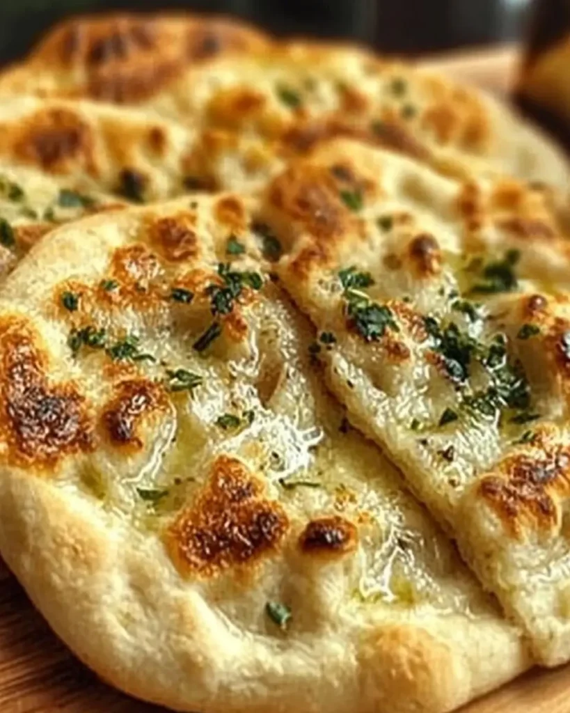 Warm Garlic and Butter Flatbread with golden spots, glistening melted butter, and fresh herbs sprinkled on top