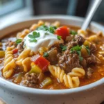 A bowl of homemade Goulash Recipe topped with sour cream and garnished with parsley, featuring ground beef, pasta, tomatoes, and bell peppers.