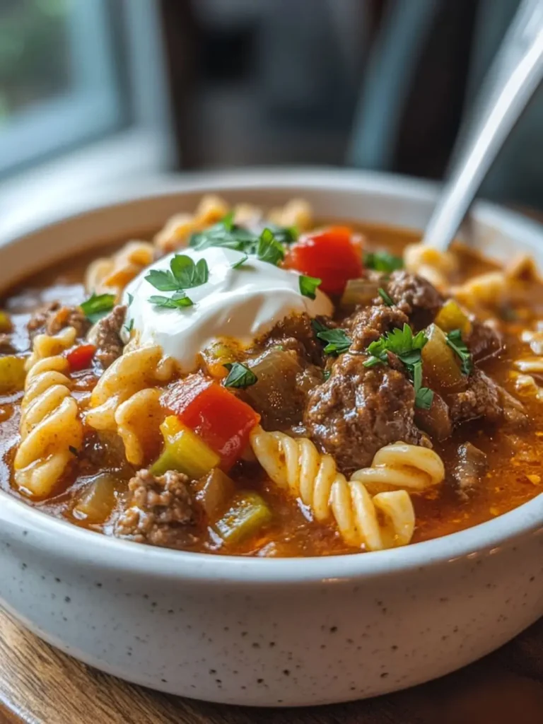 A bowl of homemade Goulash Recipe topped with sour cream and garnished with parsley, featuring ground beef, pasta, tomatoes, and bell peppers.