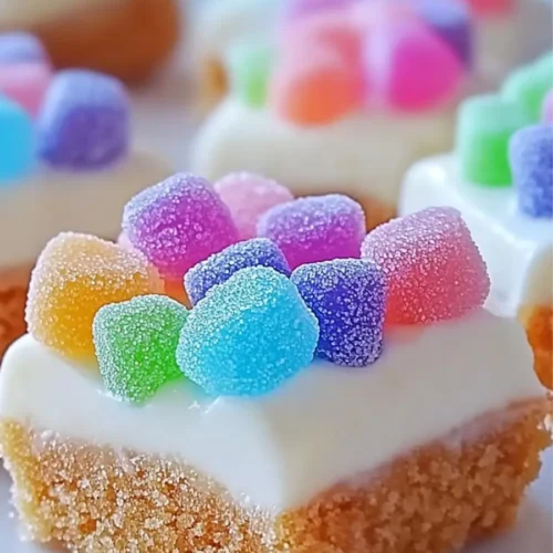 Mini cheesecake bites topped with colorful gumdrops on a golden graham crust, with a smooth white cheesecake layer.