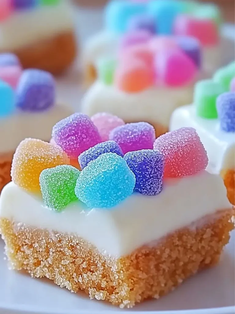 Mini cheesecake bites topped with colorful gumdrops on a golden graham crust, with a smooth white cheesecake layer.