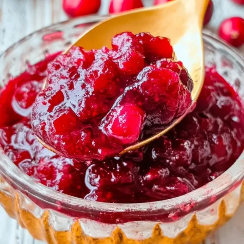A golden spoon scooping up thick, glossy homemade cranberry sauce from a clear glass bowl, with fresh cranberries in the background.
