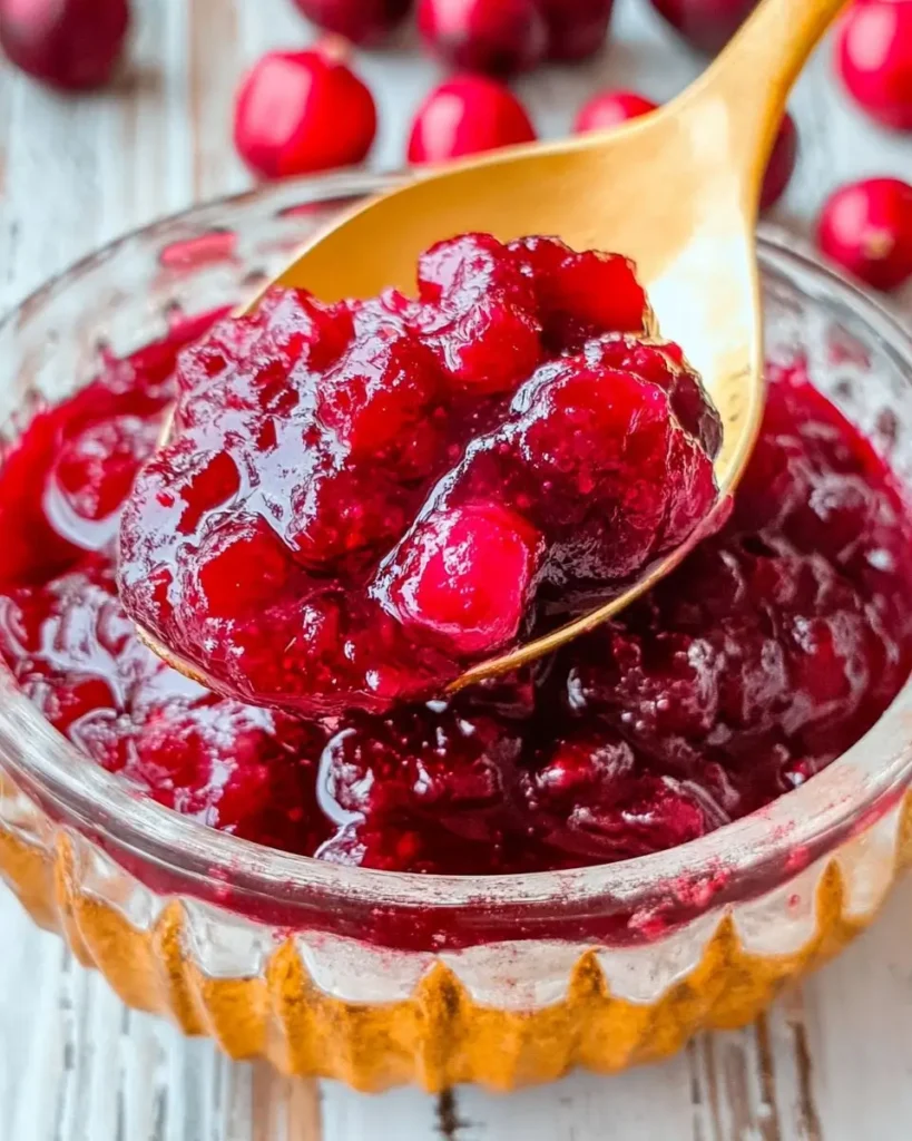 A golden spoon scooping up thick, glossy homemade cranberry sauce from a clear glass bowl, with fresh cranberries in the background.
