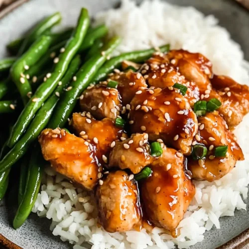 Honey butter chicken glazed in a sticky sweet sauce, garnished with sesame seeds and chopped green onions, served over steamed white rice with a side of green beans.