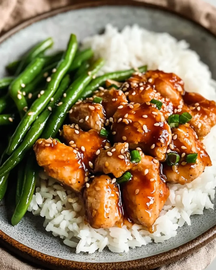 Honey butter chicken glazed in a sticky sweet sauce, garnished with sesame seeds and chopped green onions, served over steamed white rice with a side of green beans.