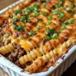 A cheesy cheeseburger French fry casserole topped with crinkle-cut fries, ground beef, melted cheddar, and chopped green onions in a white baking dish.