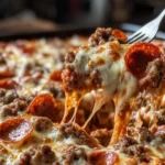 Close-up of a cheesy meat lovers pizza casserole being lifted with a fork, showing melted cheese and toppings like sausage and pepperoni