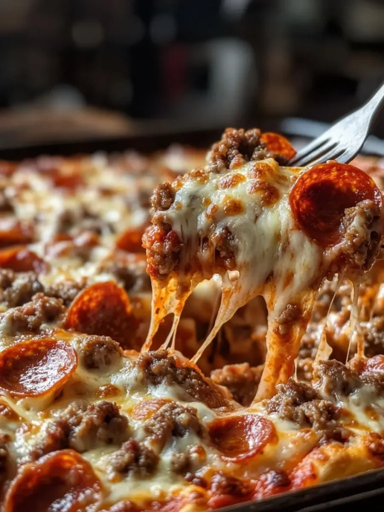 Close-up of a cheesy meat lovers pizza casserole being lifted with a fork, showing melted cheese and toppings like sausage and pepperoni