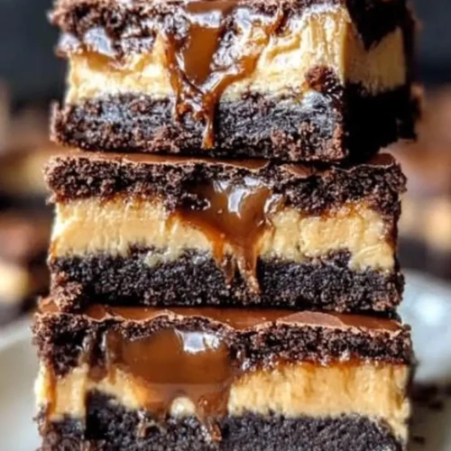 A stack of rich Milky Way Caramel Cheesecake Brownies layered with cheesecake and gooey caramel, inspired by Milky Way candy bars, on a white plate.