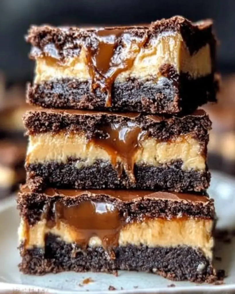 A stack of rich Milky Way Caramel Cheesecake Brownies layered with cheesecake and gooey caramel, inspired by Milky Way candy bars, on a white plate.