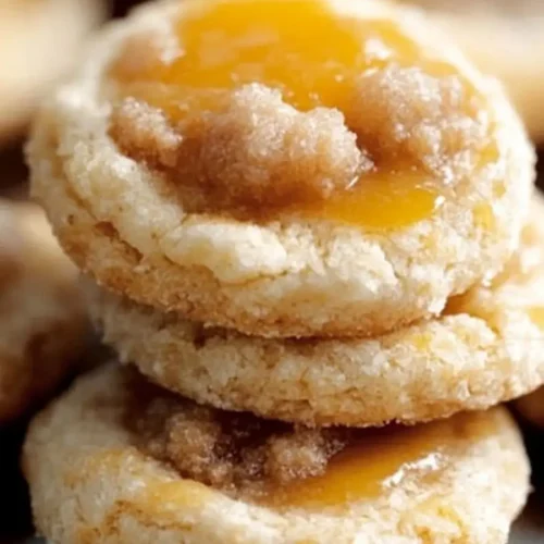 Stack of soft peach cobbler cookies with gooey peach filling and brown sugar crumble