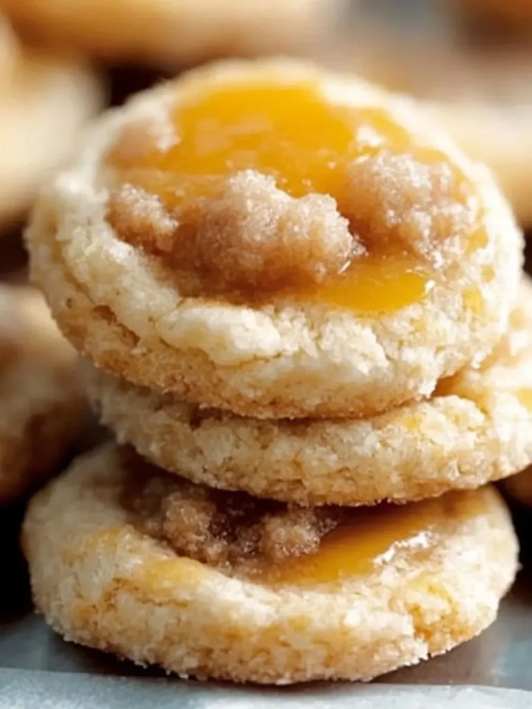 Stack of soft peach cobbler cookies with gooey peach filling and brown sugar crumble