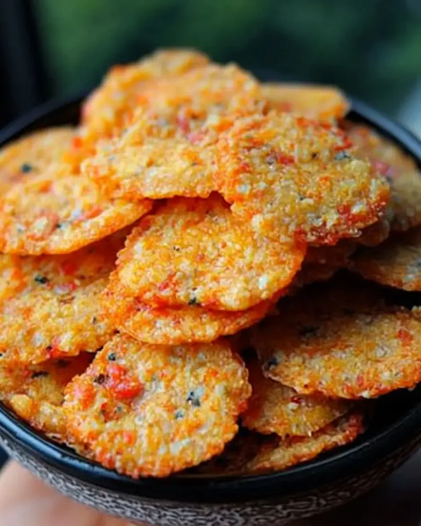 A bowl filled with thin, crispy pimento cheese crisps, golden-orange in color with flecks of red pepper and herbs.