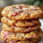A close-up view of a stack of golden-brown rhubarb cookies sprinkled with coarse sugar.