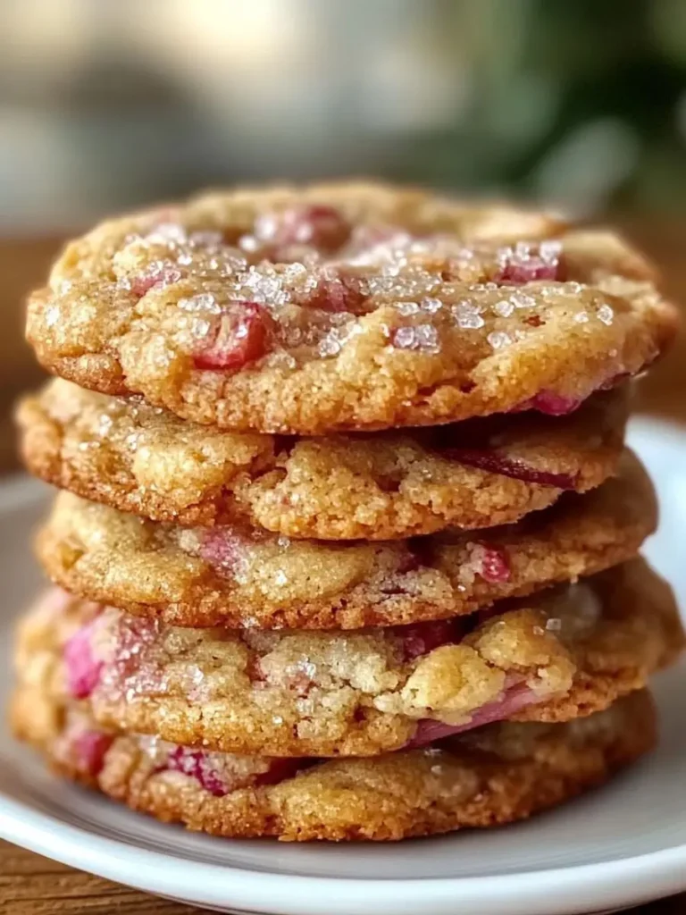 A close-up view of a stack of golden-brown rhubarb cookies sprinkled with coarse sugar.